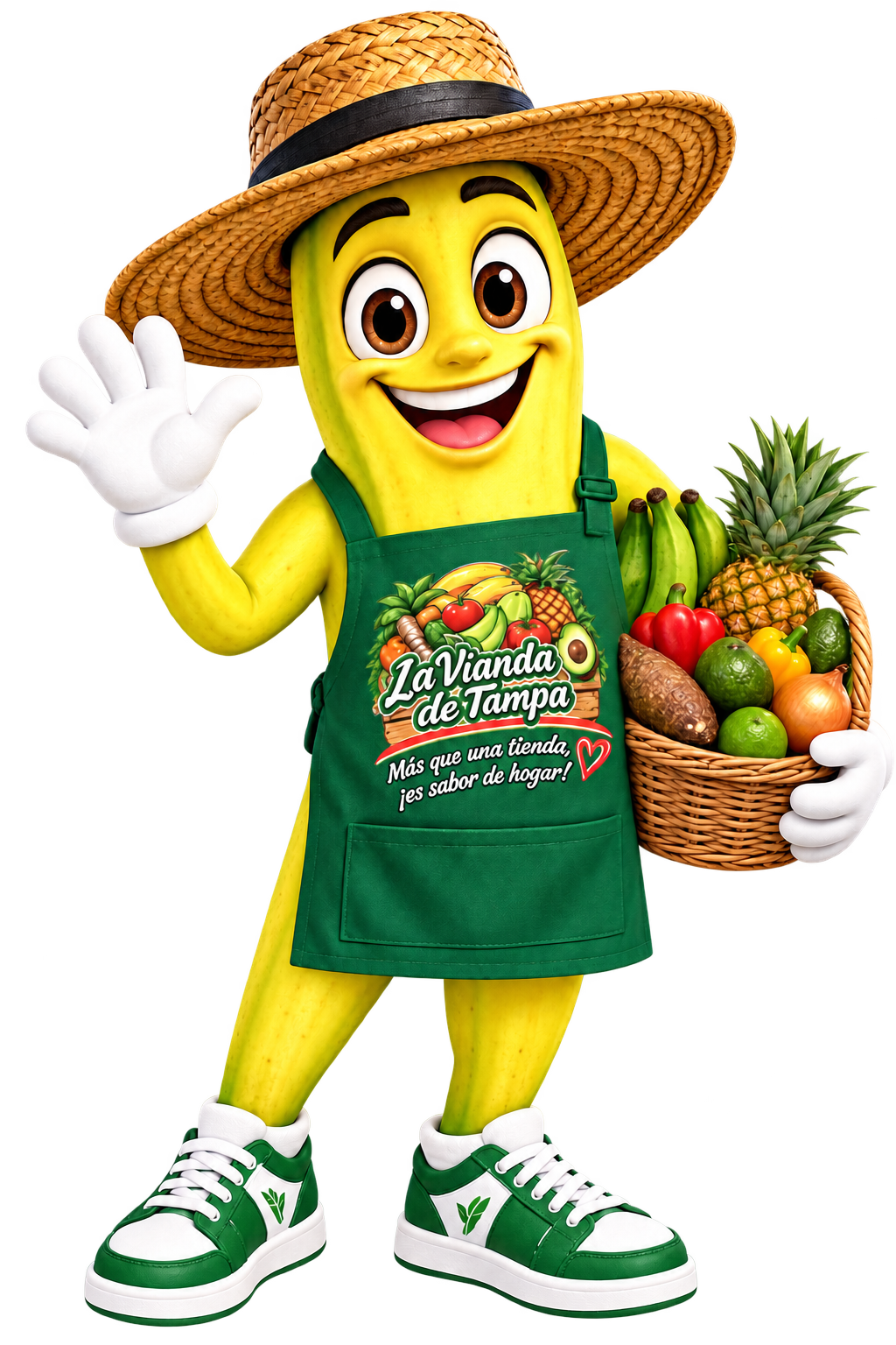 Viandito saludando con una canasta de productos frescos